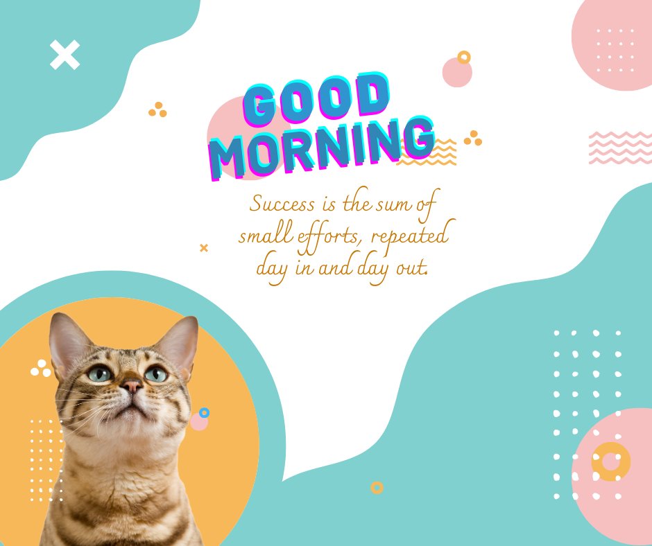 Good morning cat image featuring a thoughtful Bengal cat looking upwards, set against a vibrant abstract background with playful graphics and the inspirational quote 'Success is the sum of small efforts, repeated day in and day out.'