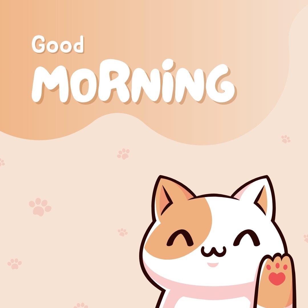 Good morning cat image featuring a cheerful cartoon cat waving, with one eye closed in a happy expression, set against a soft peach background with 'Good Morning' text in playful white letters and delicate paw prints.