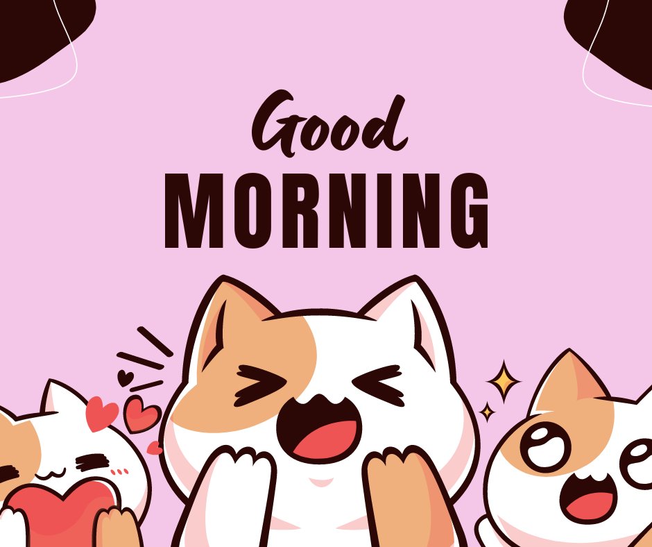 Good morning cat image featuring three cute cartoon cats expressing joy, love, and excitement, set against a vibrant pink background with bold 'Good Morning' text.