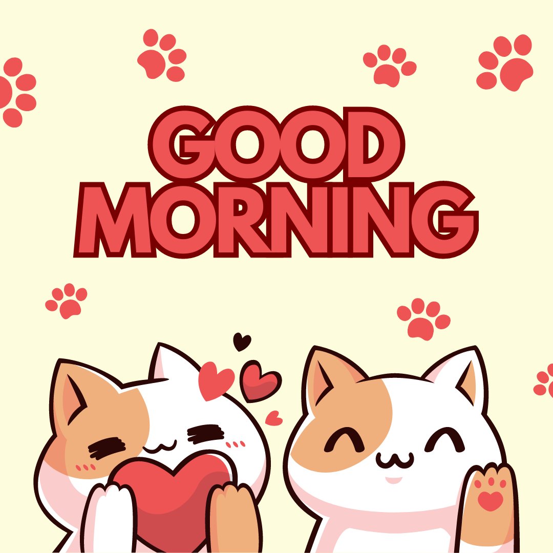 Good morning cat image featuring two joyful cartoon cats, one holding a heart and the other waving, set against a cream background with red paw prints and bold 'Good Morning' text in red letters.