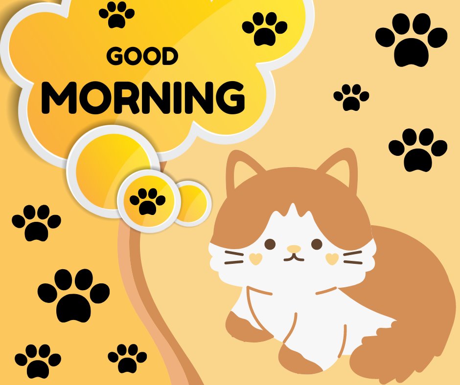 Good morning cat image featuring a cheerful cartoon cat with a fluffy tail and cute expression, sitting beside a steaming coffee cup on a bright yellow background adorned with 'Good Morning' text and scattered paw prints.