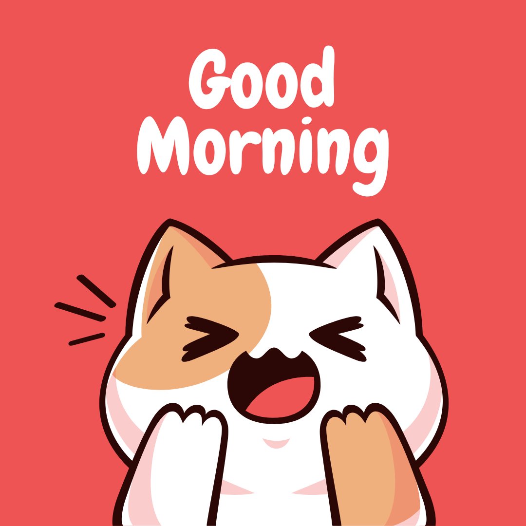 Good morning cat image featuring an exuberant cartoon cat with its paws raised in excitement, winking and smiling widely, set against a vibrant red background with bold 'Good Morning' text.