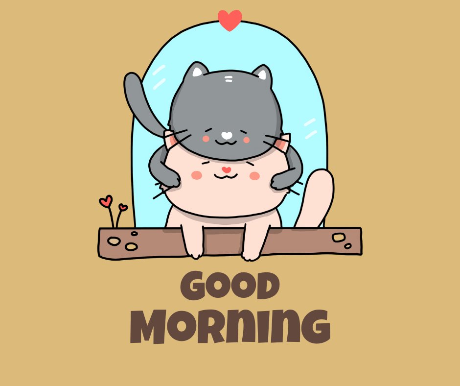 Good morning cat image featuring a cute cartoon cat sitting on a branch, contentedly fishing with a rod under a clear blue bubble, with a heart floating above and the cheerful greeting 'Good Morning' on a warm tan background.