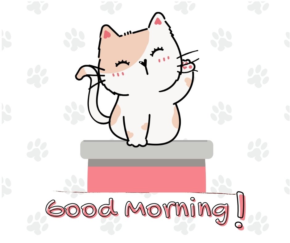 Good morning cat image featuring an adorable cartoon cat sitting on a red box, playfully scratching its cheek with a paw, surrounded by a pattern of paw prints, with the cheerful greeting 'Good Morning!' in red script.