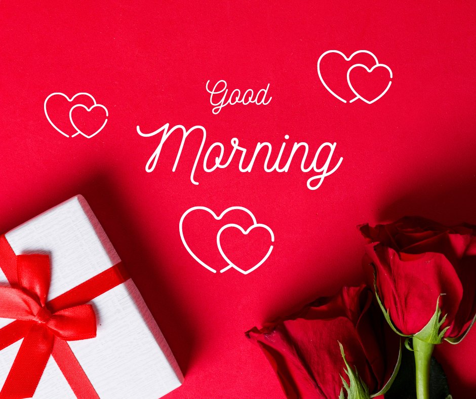 Good morning heart image featuring a white gift box with a red ribbon, red roses, and heart illustrations on a red background, with 'Good Morning' text in elegant script.