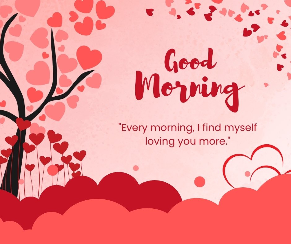 Good morning heart image featuring a tree with heart-shaped leaves on a pink background, with 'Good Morning' text and the quote 'Every morning, I find myself loving you more,' surrounded by floating heart shapes and a cloud-like base.