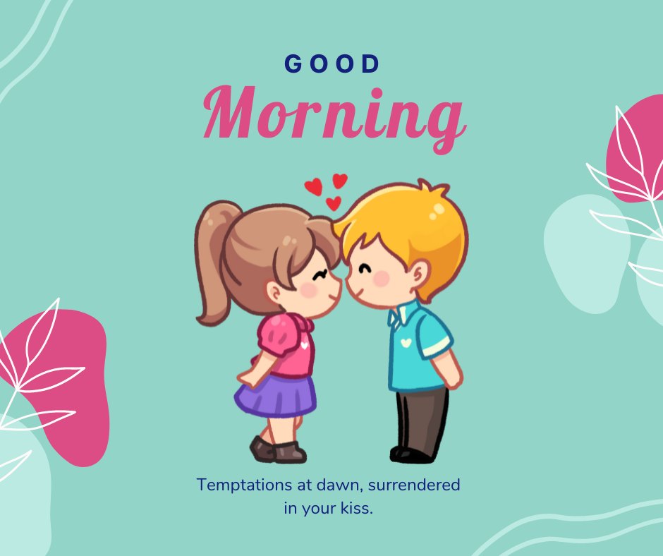 Good Morning Kiss Image featuring two adorable cartoon children exchanging a sweet kiss, set against a pastel teal background with gentle floral and leaf motifs, capturing the innocence and joy of a tender moment.