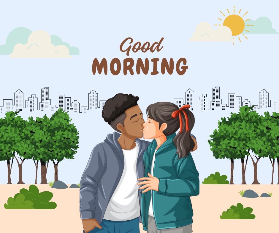 Vibrant Good Morning Kiss Image featuring a young couple sharing a kiss in a park with a city skyline in the background. The man and woman, dressed in casual jackets, are depicted in a loving embrace under a clear morning sky, framed by lush greenery and the warm glow of the rising sun.