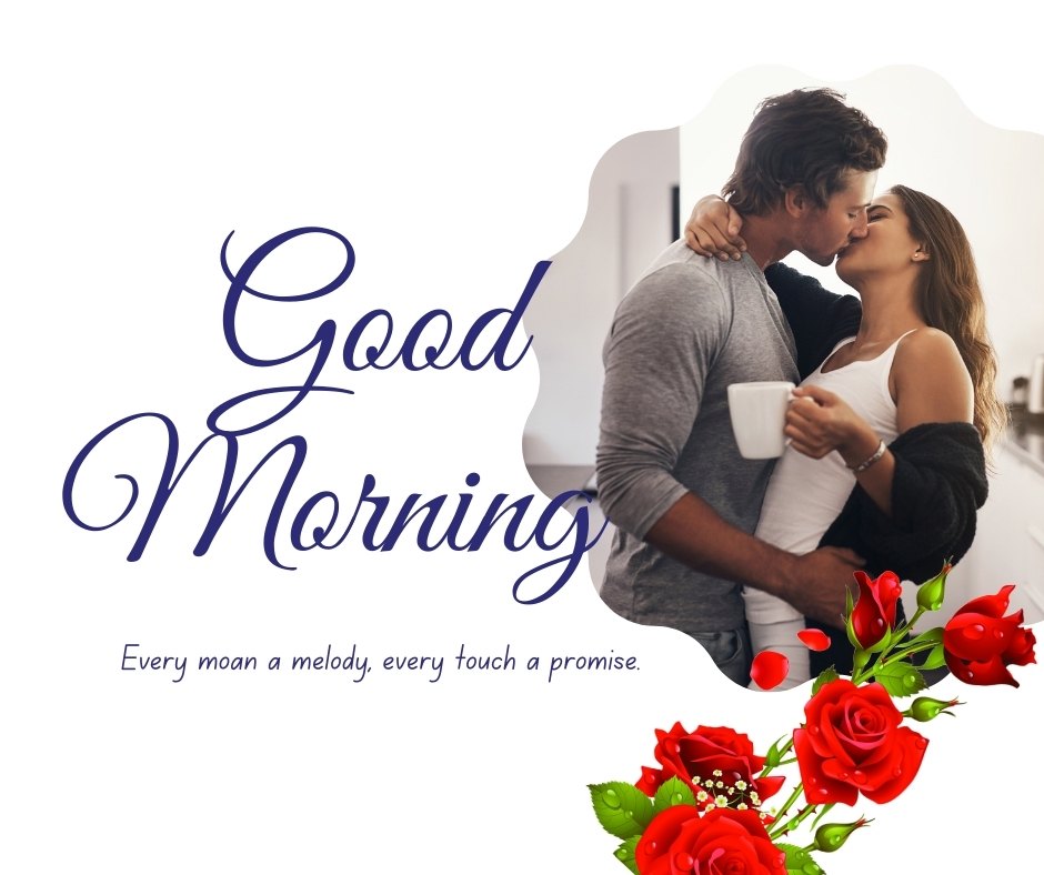 Good Morning Kiss Image featuring a romantic couple sharing a tender kiss in the kitchen, surrounded by vibrant red roses, symbolizing love and affection.