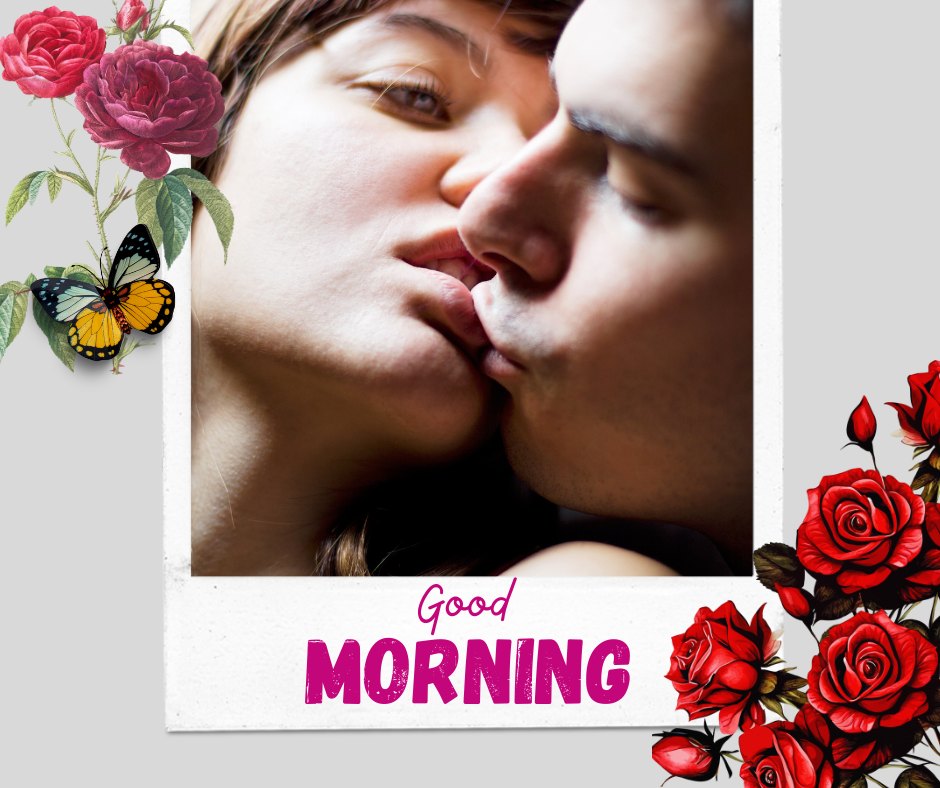 Vivid Good Morning Kiss Image featuring a close-up of a young couple passionately kissing, framed by beautifully illustrated roses and a butterfly. The scene is artistically decorated with floral elements enhancing the romantic mood, and the caption 'Good Morning' in bold pink text adds a loving greeting to the moment.