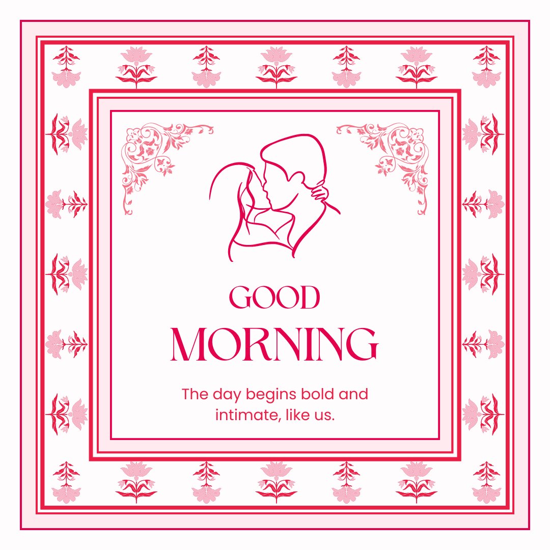 Good Morning Kiss Image featuring an elegant line drawing of a couple in a kiss, set within a decorative pink border with floral and ornate elements, encapsulating a romantic and intimate morning greeting