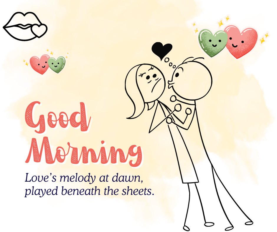 Good Morning Kiss Image featuring a playful drawing of a couple kissing, with whimsical hearts and lips floating around them, set against a soft yellow background.