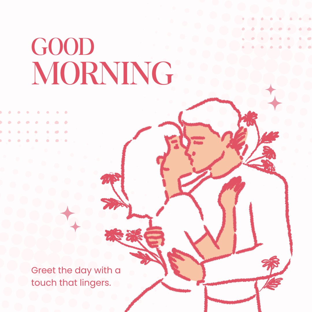 Stylized Good Morning Kiss Image featuring an illustrated couple in a tender embrace, surrounded by floral motifs on a soft pink dotted background. The image captures the couple in a romantic kiss, with the caption 'Good Morning - Greet the day with a touch that lingers.'