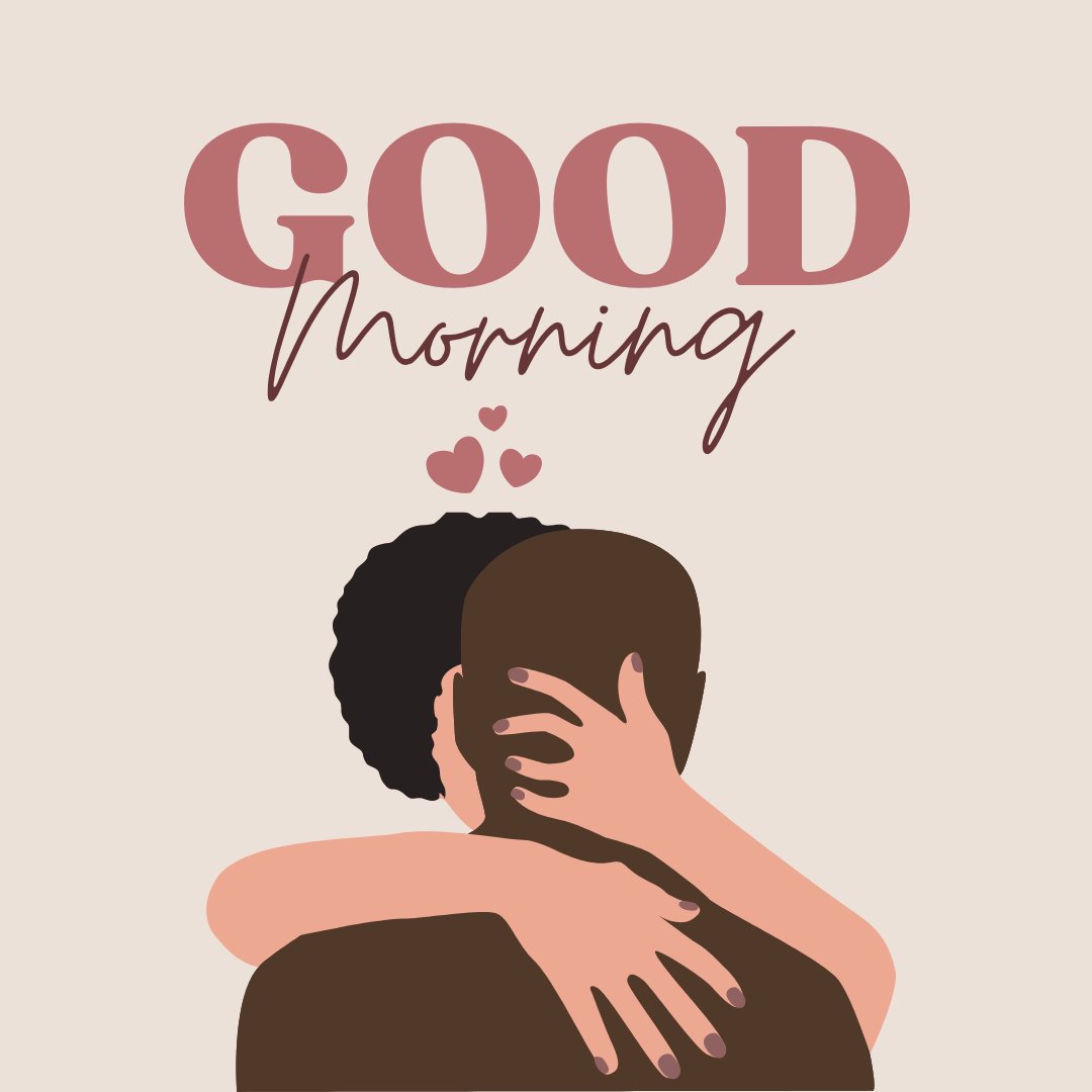 A heartwarming Good Morning Kiss Image featuring an intimate embrace between two lovers. A woman with curly hair lovingly wraps her arms around a man, both depicted in a stylized illustration against a soft beige background with 'Good Morning' and hearts in elegant script above them.