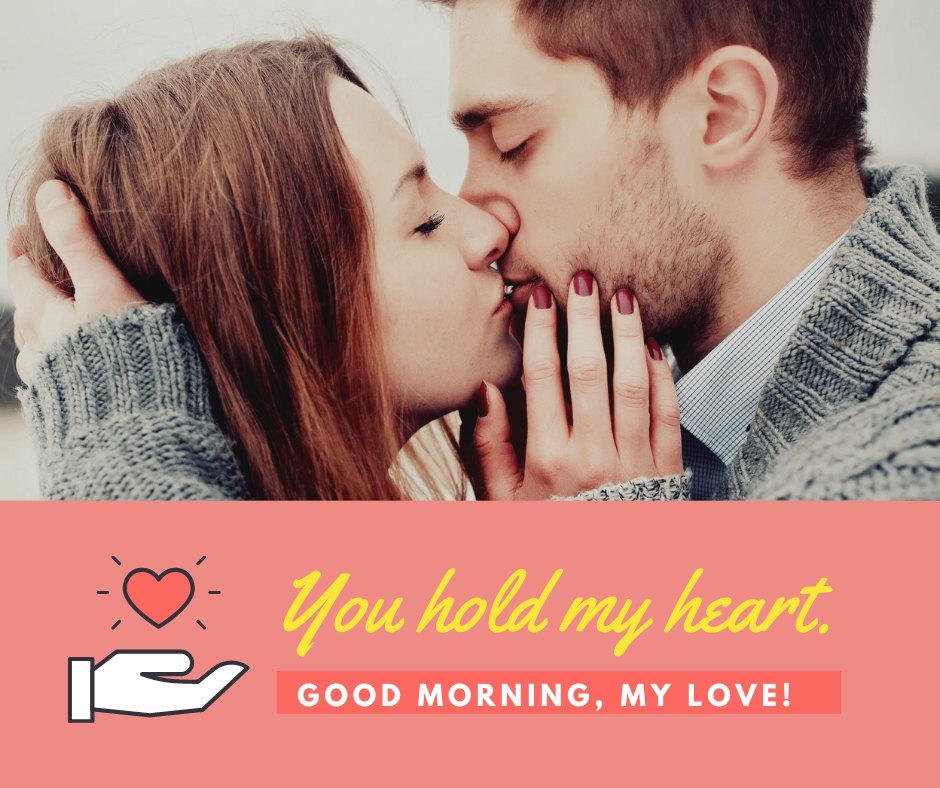 Passionate Good Morning Kiss Image capturing an intimate moment between a young couple deeply kissing. The woman, wearing a cozy gray sweater, and the man in a knitted sweater engage in a heartfelt kiss. The image is highlighted by the text 'You hold my heart. Good morning, my love!' set against a vibrant red background with heart and hand icons.