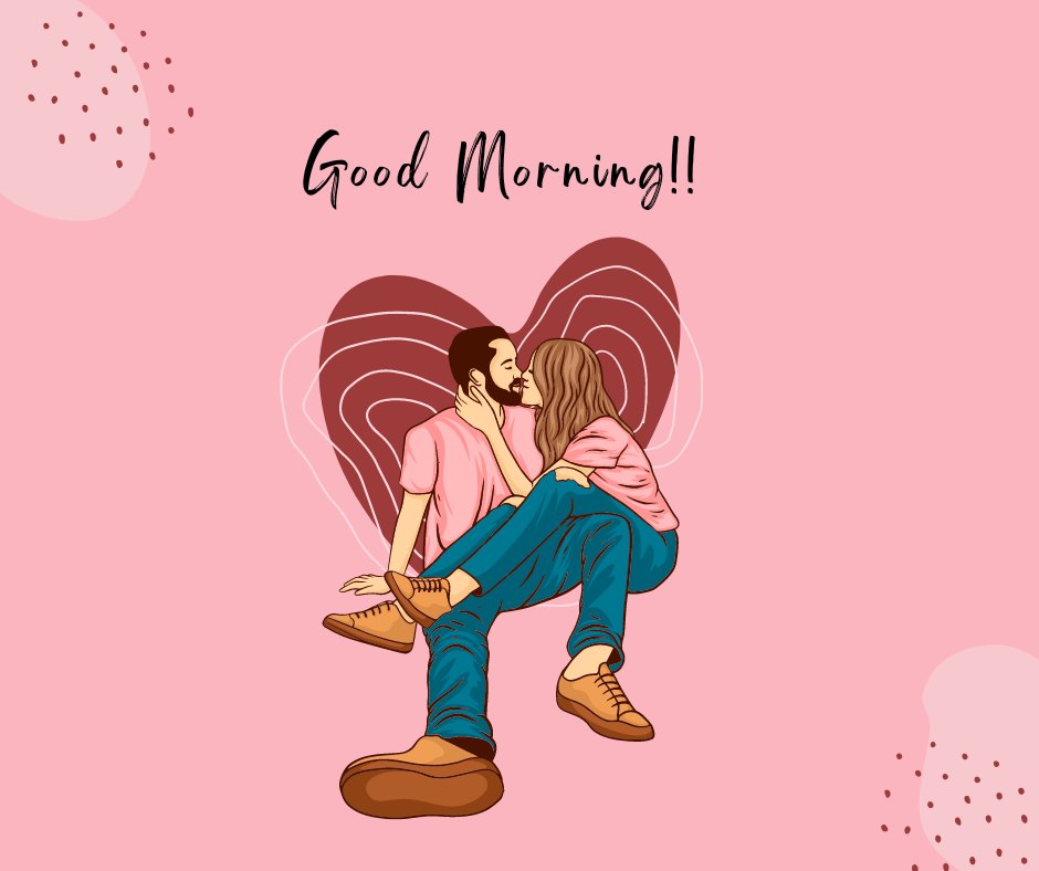 Romantic Good Morning Kiss Image of a couple in casual wear sharing a tender kiss while seated. The man in a pink shirt and the woman in a pink jacket are surrounded by an artistic heart-shaped swirl on a pink background, with 'Good Morning!!' text enhancing the loving mood.