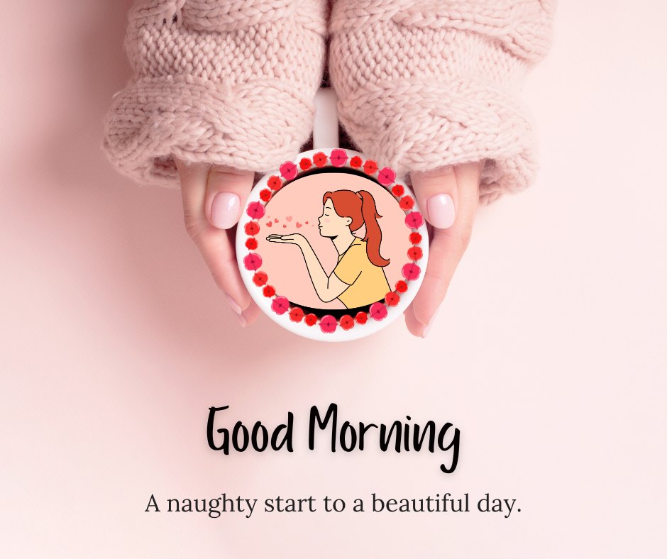 Creative Good Morning Kiss Image featuring hands in a cozy pink knitted sweater holding a mug with a playful illustration of a woman blowing a kiss. The mug is adorned with a circle of red hearts, and the caption reads 'Good Morning - A naughty start to a beautiful day.' set against a soft pink background.