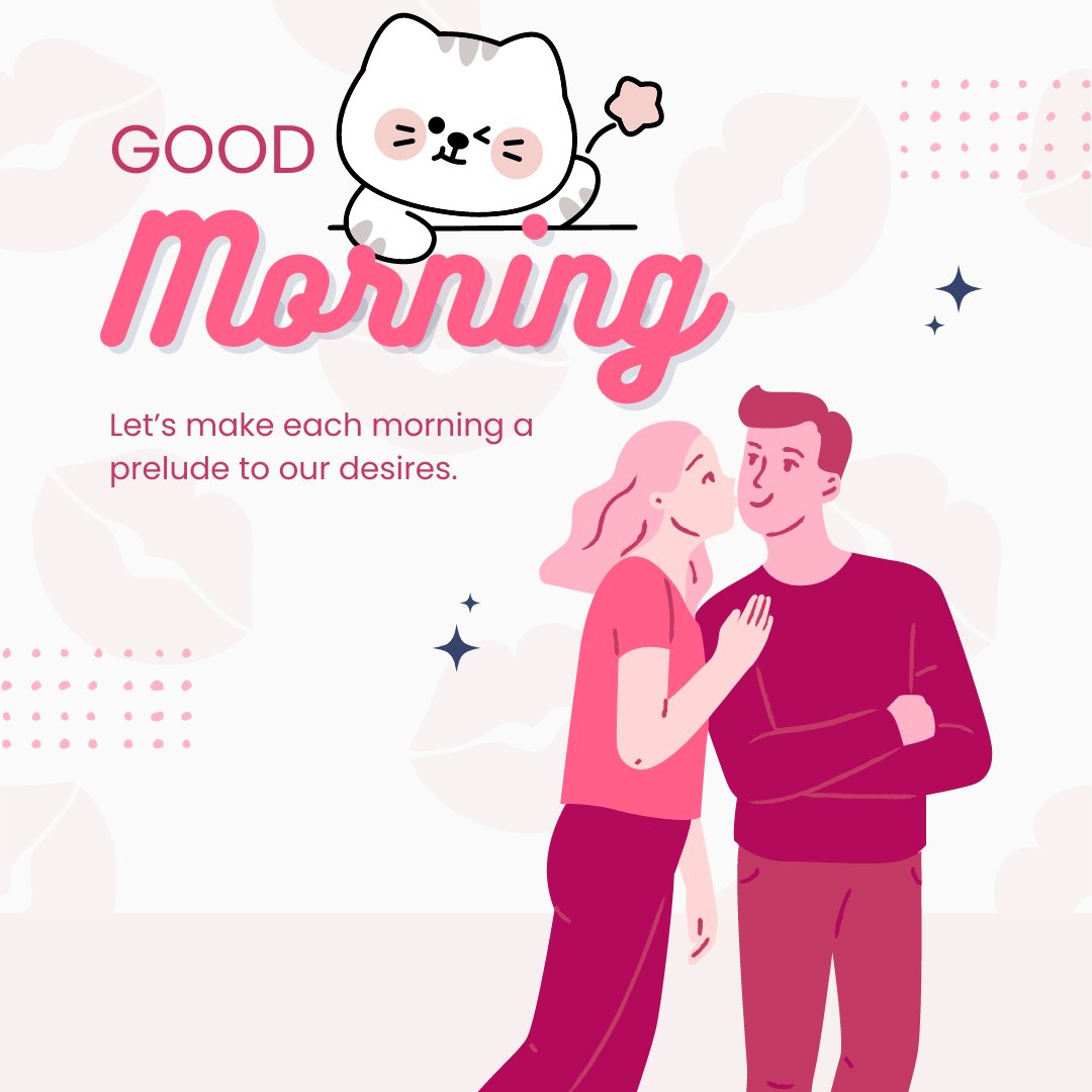 Playful Good Morning Kiss Image featuring a couple in a sweet morning embrace, with a whimsical illustration of a sleepy cat above. The woman in a pink dress kisses her partner in a red sweater. The background is decorated with soft pink tones and the message 'Let’s make each morning a prelude to our desires.'