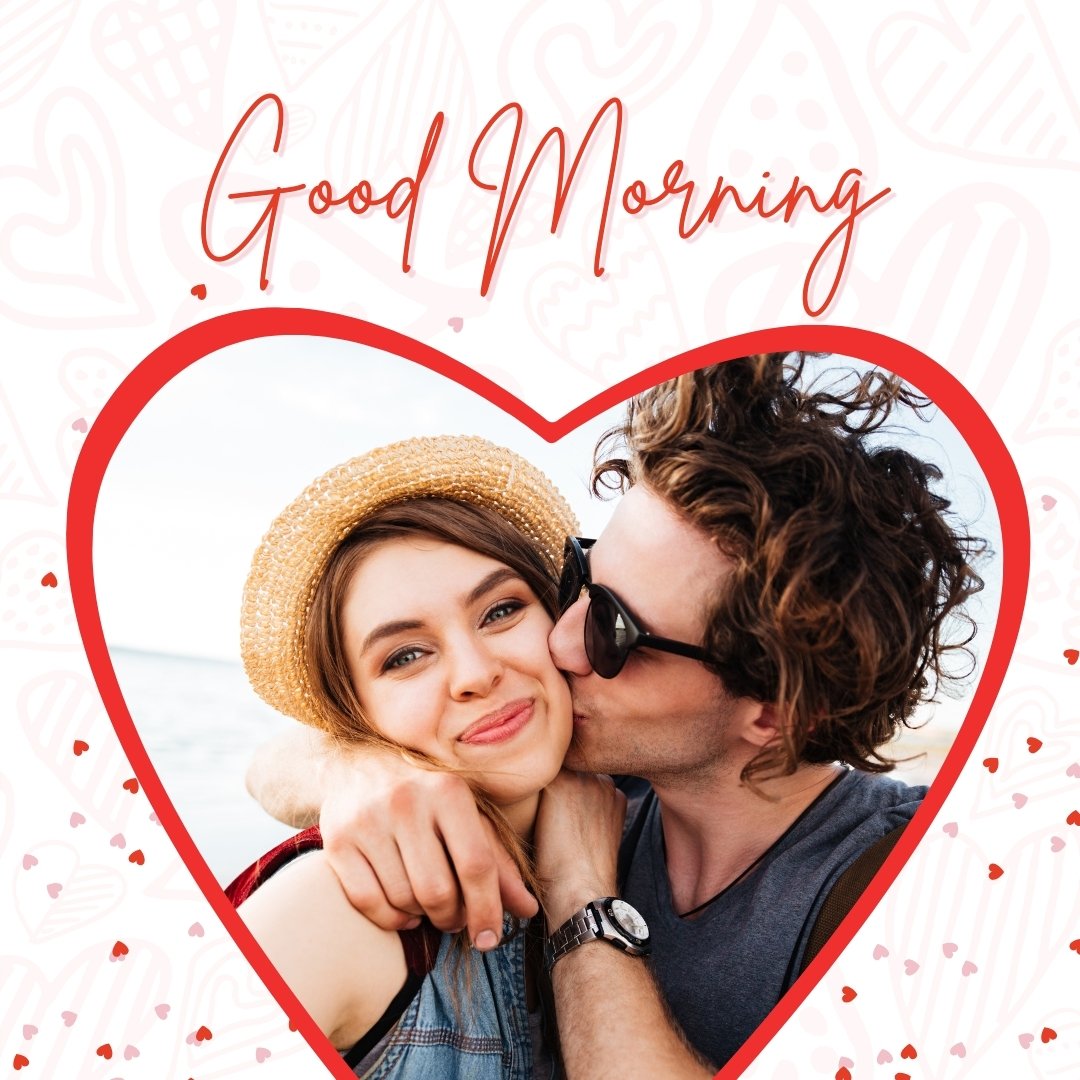 Good Morning Kiss Image of a cheerful couple by the seaside, with the man kissing the woman on the cheek inside a heart-shaped frame, symbolizing love and affection.