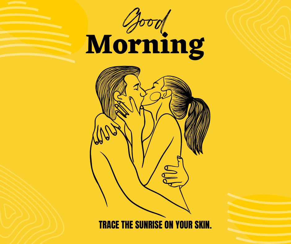 Good Morning Kiss Image featuring a minimalist line drawing of a couple in a heartfelt embrace, set against a vibrant yellow background with abstract lines. The scene captures the essence of a romantic morning with the text 'Trace the sunrise on your skin,' enhancing the warmth of the kiss.