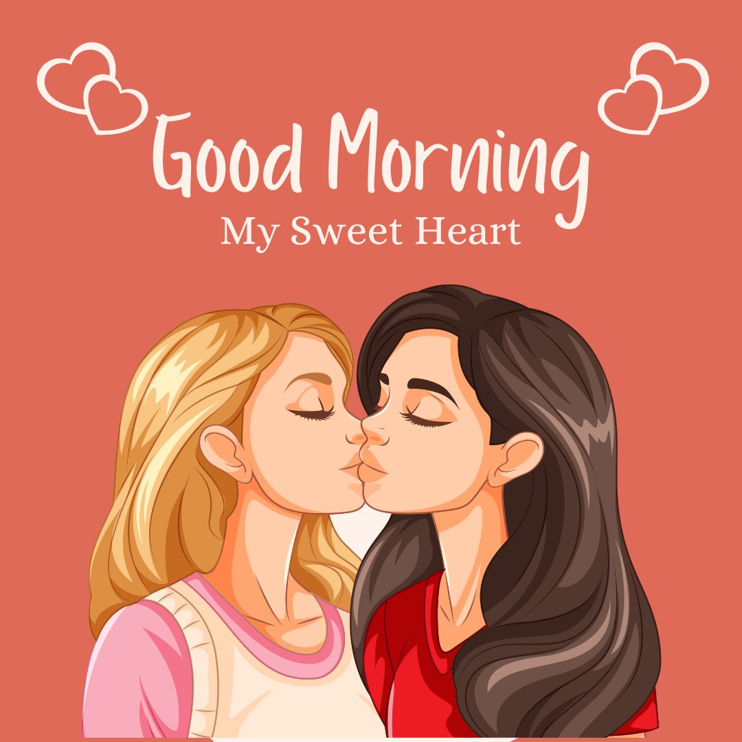 Good Morning Kiss Image of two women sharing a loving kiss, under a soft red background adorned with floating heart-shaped clouds, expressing affection and tenderness.