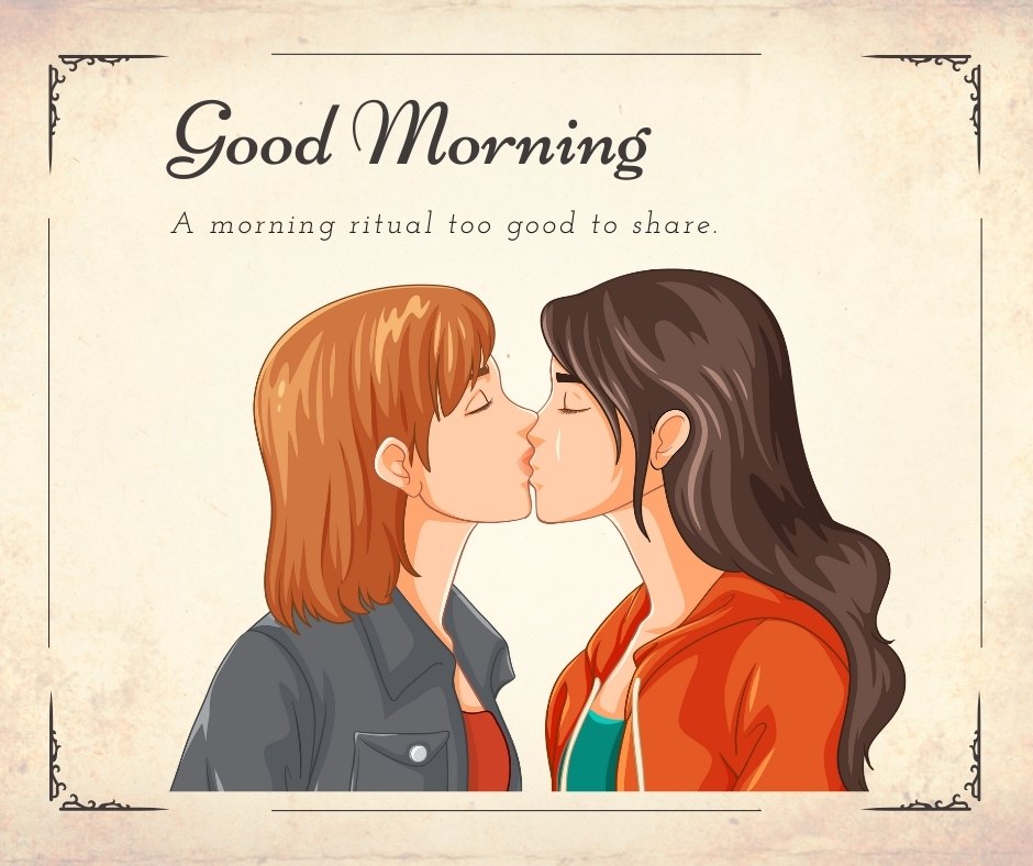 Heartwarming Good Morning Kiss Image depicting two women sharing a gentle kiss. One woman has short auburn hair and is dressed in a grey shirt, while the other has long dark hair in an orange jacket. The vintage-style background with the caption 'Good Morning - A morning ritual too good to share' adds a timeless charm to the image.