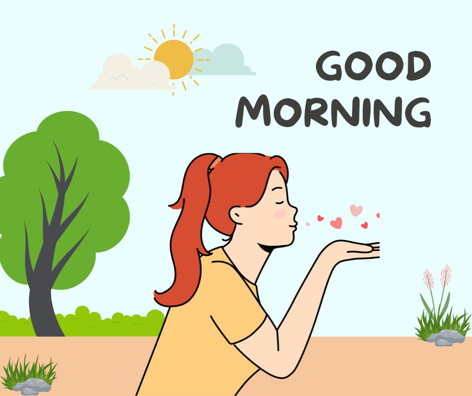 Good Morning Kiss Image featuring a whimsical scene with a red-haired woman sending off kisses to hearts in the air, against a backdrop of a bright morning sun, lush greenery, and clear skies.