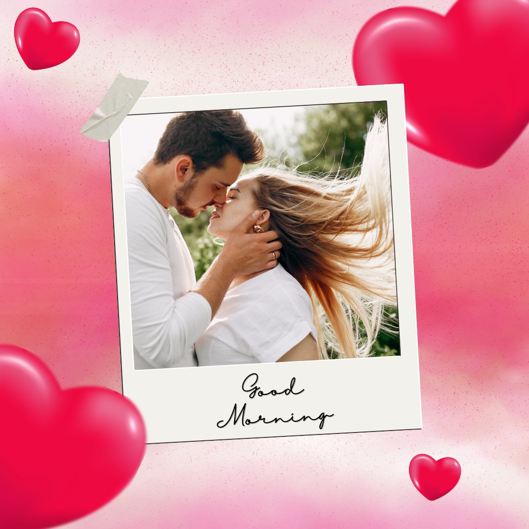 Good Morning Kiss Image of a young couple passionately kissing in a vibrant outdoor setting, surrounded by floating red hearts and a soft pink backdrop.