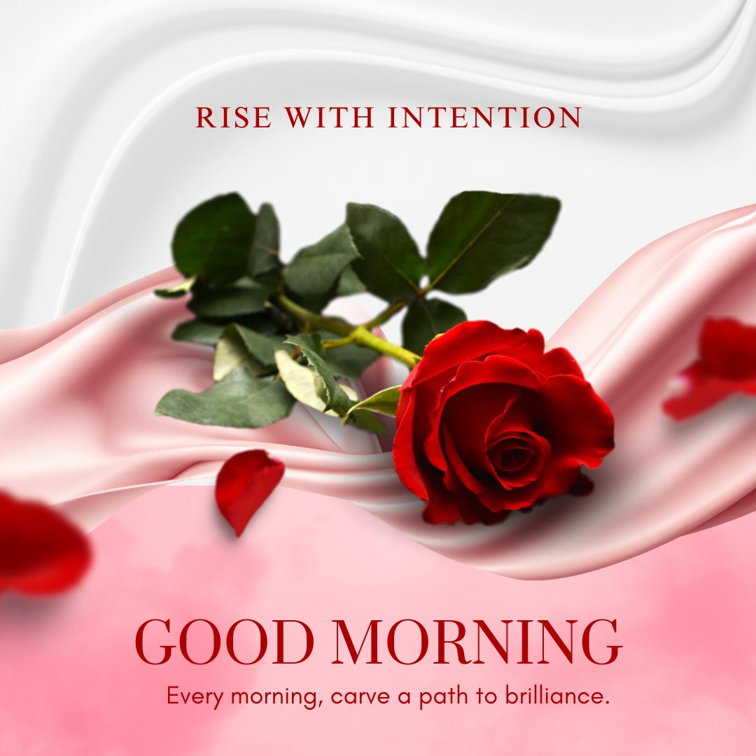 Good morning image with rose flowers featuring a striking red rose lying on a smooth pink fabric, highlighted by the powerful message 'Rise with intention' and 'Good Morning: Every morning, carve a path to brilliance.'