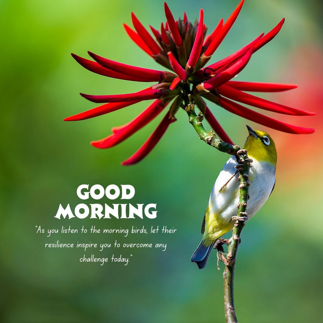 Good Morning Bird Image featuring a small yellow and white bird perched on a branch with a vibrant red flower, accompanied by the text 'Good Morning' and an inspirational quote about resilience.