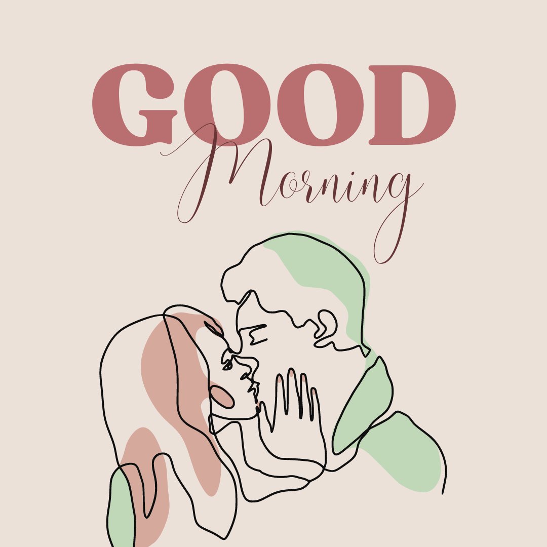 Good Morning Kiss Image featuring a minimalist illustration of a couple sharing a tender kiss, with stylish, soft pastel colors and 'Good Morning' in elegant script.