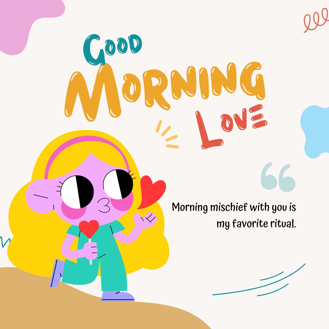 Good Morning Kiss Image with a playful cartoon girl blowing a heart kiss, celebrating a colorful and cheerful morning full of love and mischief.