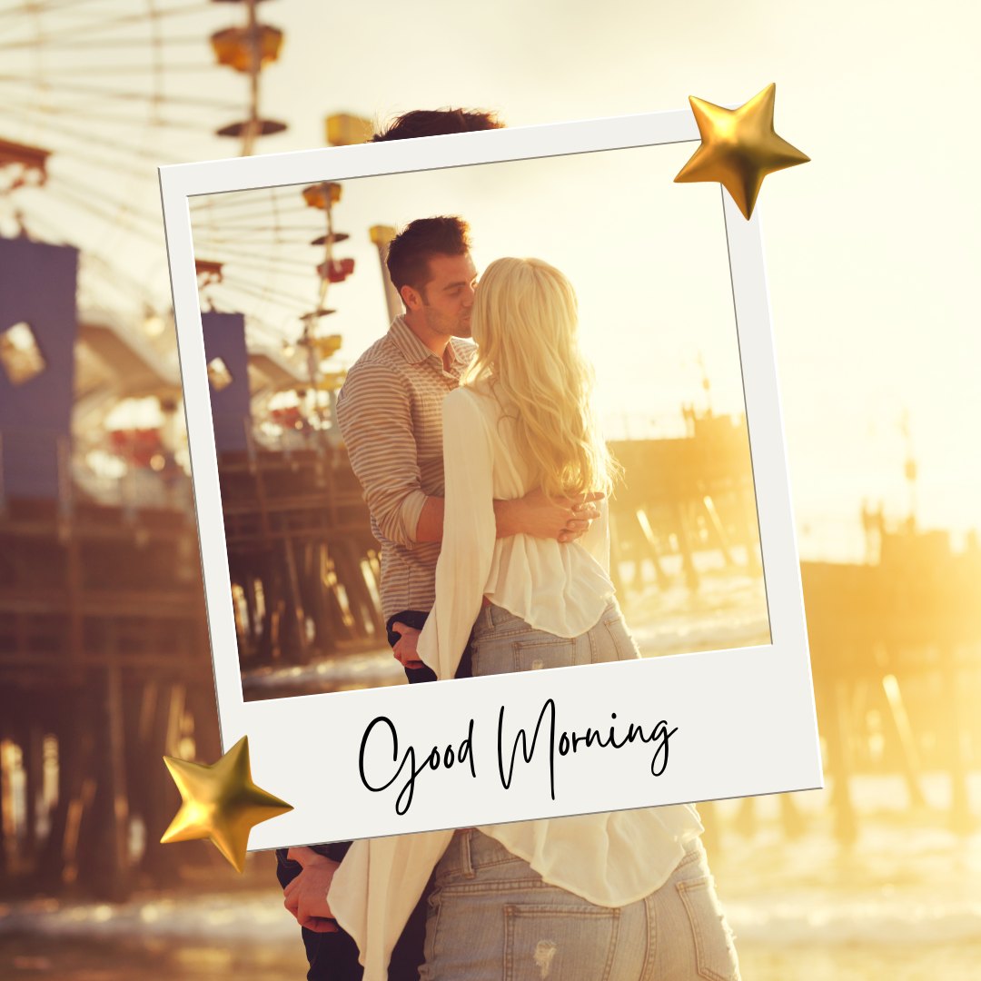 Good Morning Kiss Image featuring a couple embracing and kissing at sunrise with a Ferris wheel in the background, evoking a romantic and joyful start to the day.