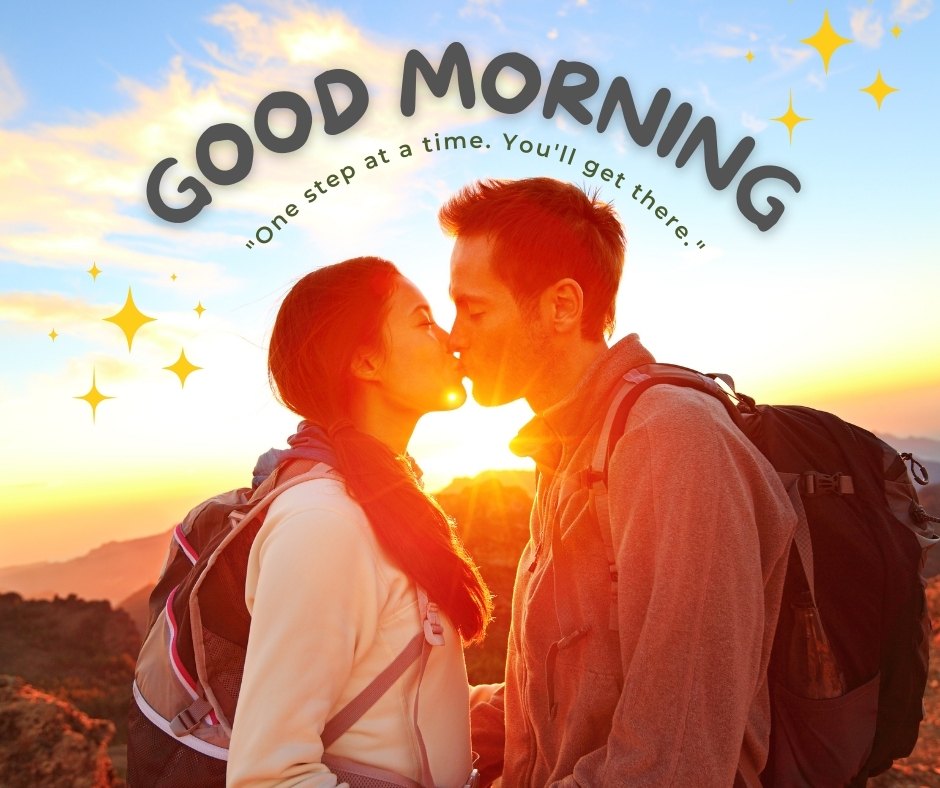 Good Morning Kiss Image of a couple at sunrise on a mountain hike, sharing a loving kiss with a vibrant sunrise background, symbolizing new beginnings and shared journeys.