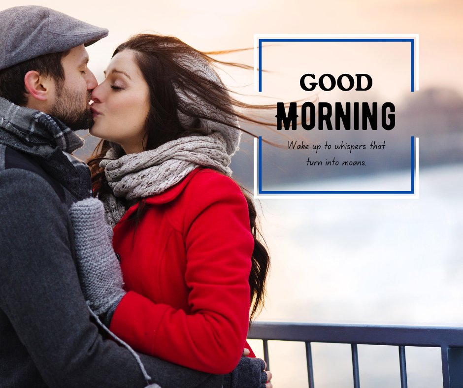 Good Morning Kiss Image of a romantic couple in warm winter clothing sharing a tender kiss on a chilly morning, with a serene backdrop and 'Good Morning' greeting.