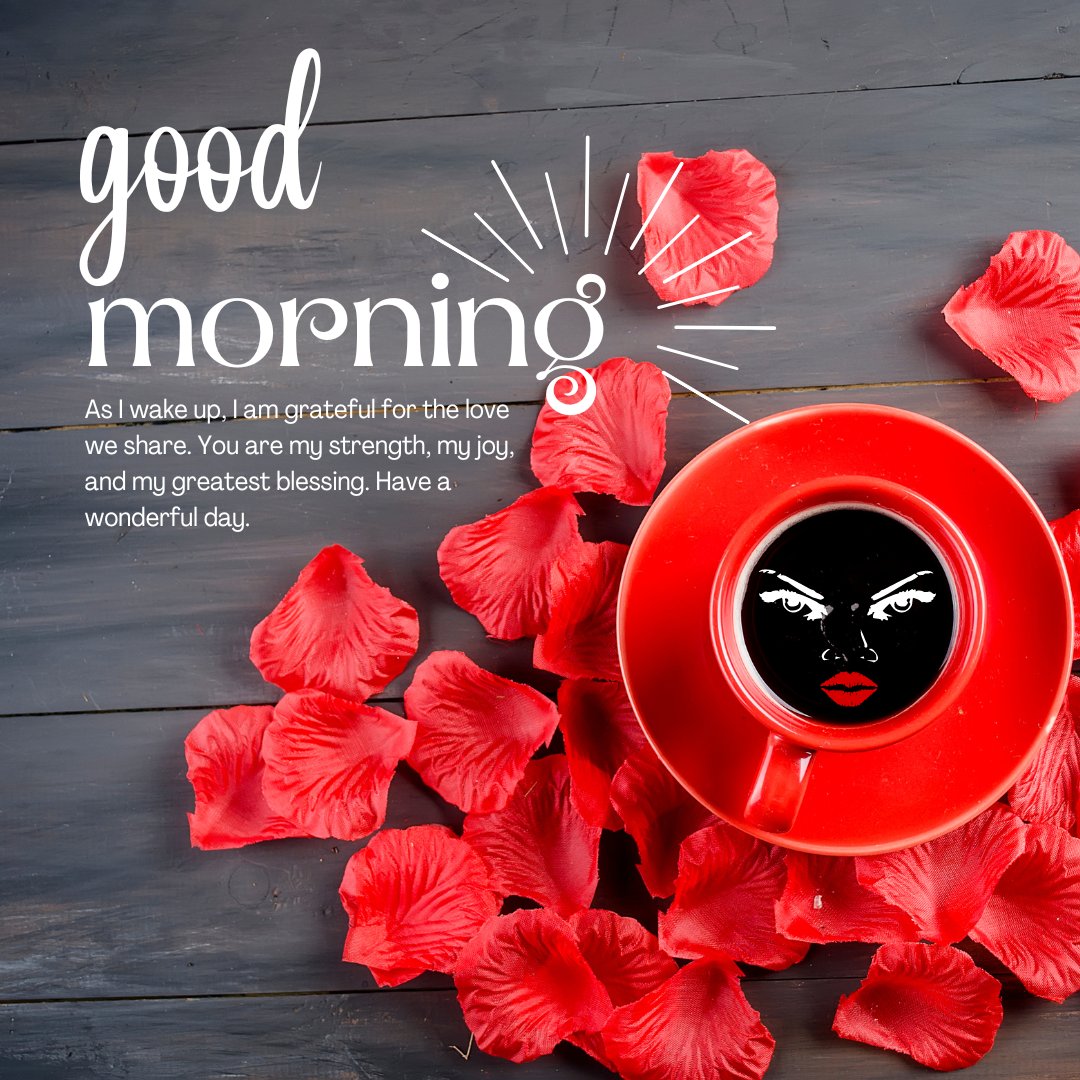 Deep Love Good Morning Messages For Her featuring a red coffee cup on a dark wooden table with red rose petals scattered around and text saying 'As I wake up, I am grateful for the love we share. You are my strength, my joy, and my greatest blessing. Have a wonderful day.'