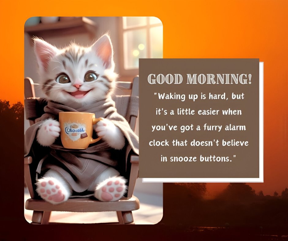 Good morning cat image featuring an adorable cartoon-style kitten in a robe, holding a mug with a happy expression. The background shows a warm, cozy room. The text next to the kitten reads, "Waking up is hard, but it's a little easier when you've got a furry alarm clock that doesn't believe in snooze buttons."