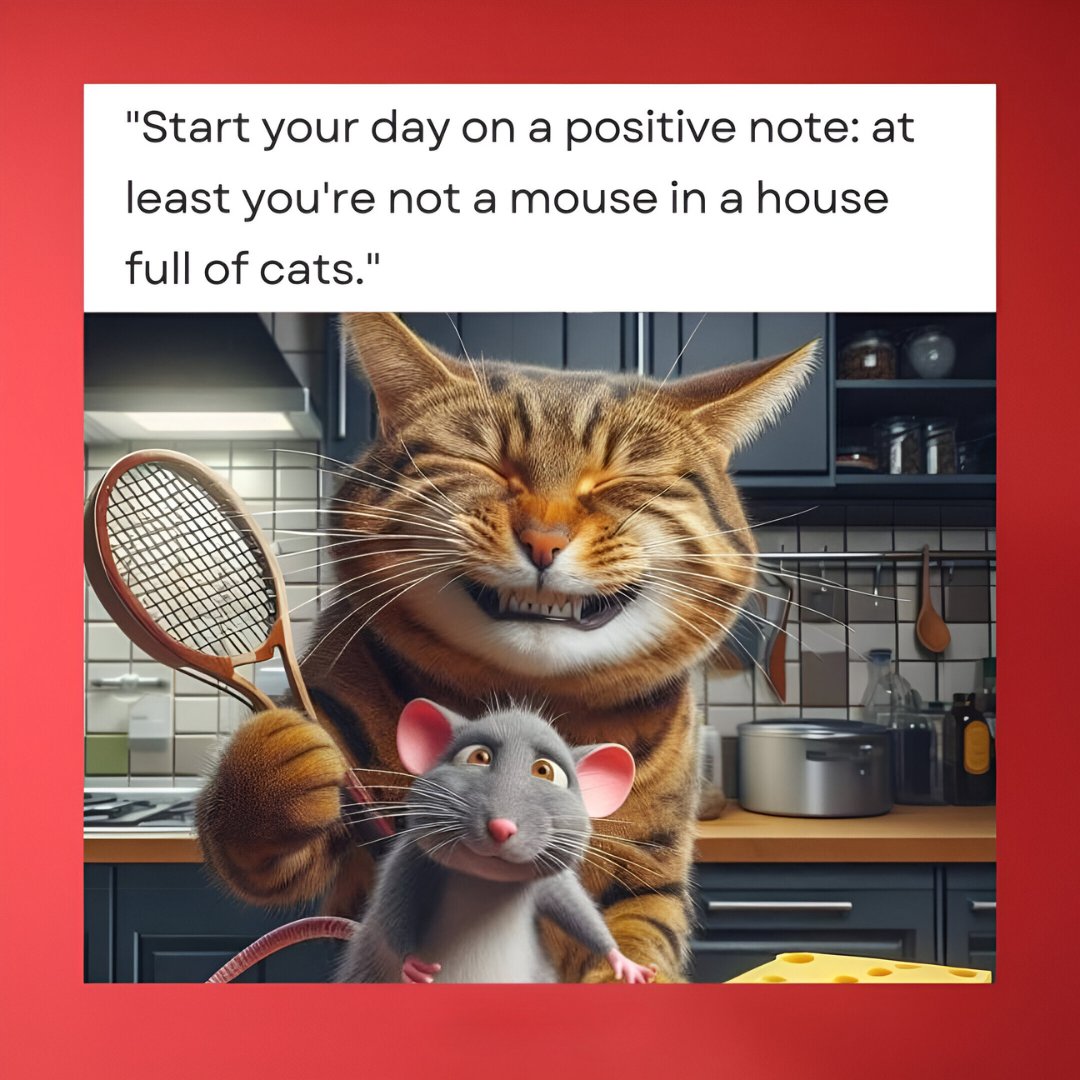 Good morning cat image featuring a cartoon-style tabby cat holding a tennis racket and a grey mouse in a kitchen. The text above reads, "Start your day on a positive note: at least you're not a mouse in a house full of cats."