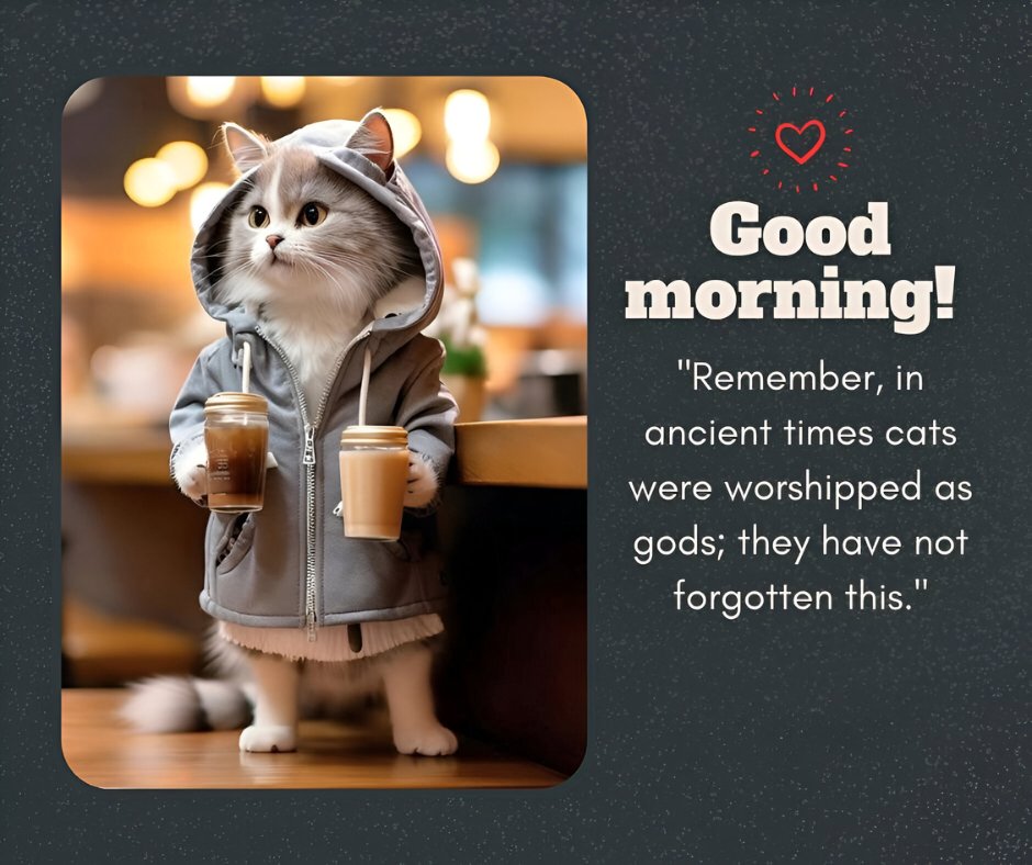 Good morning cat image featuring a cartoon-style cat wearing a grey hoodie, holding two coffee cups in a cafe setting. The background shows a blurred interior with warm lighting. The text reads, "Good Morning! Remember, in ancient times cats were worshipped as gods; they have not forgotten this."