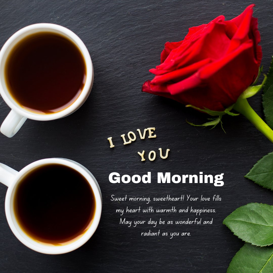 Good Morning Messages for Her That Touches The Heart featuring two cups of coffee, a red rose, and the text 'I love you' arranged on a black background with a message saying 'Sweet morning, sweetheart! Your love fills my heart with warmth and happiness. May your day be as wonderful and radiant as you are.'