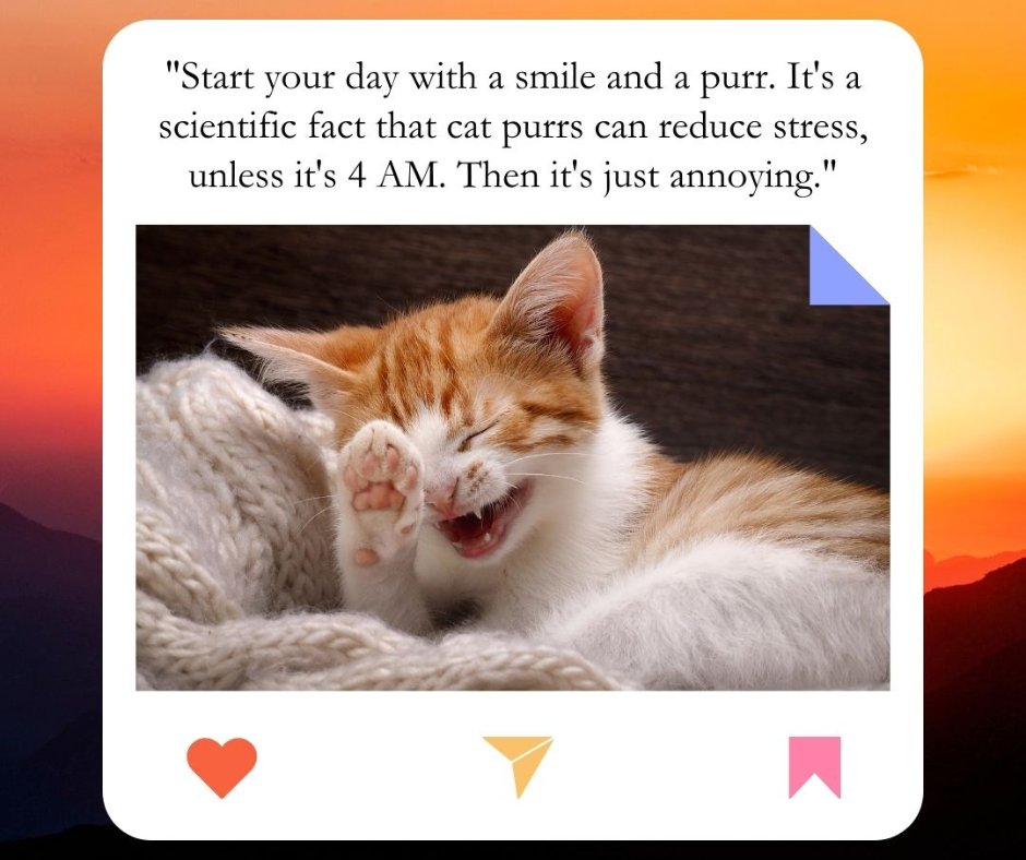 Good morning cat image featuring an orange and white kitten lying on a cozy blanket, yawning with its paw up. The text above the kitten reads, "Start your day with a smile and a purr. It's a scientific fact that cat purrs can reduce stress, unless it's 4 AM. Then it's just annoying."