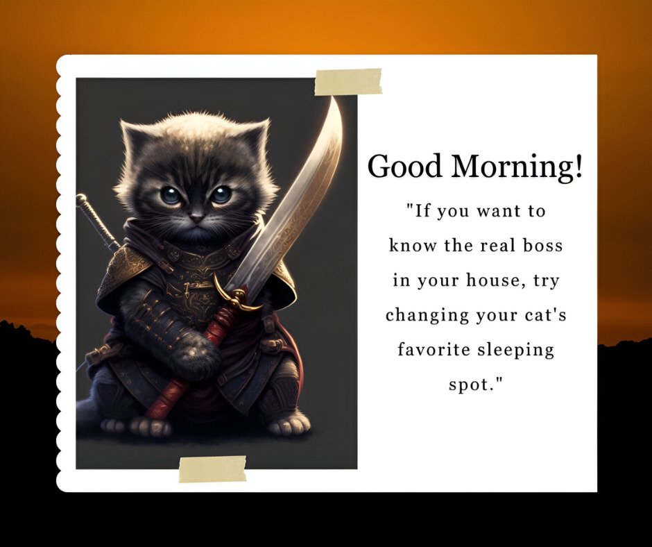 Good morning cat image featuring a digitally created grey kitten dressed as a samurai holding a sword. The text beside the kitten reads, "Good Morning! If you want to know the real boss in your house, try changing your cat's favorite sleeping spot."