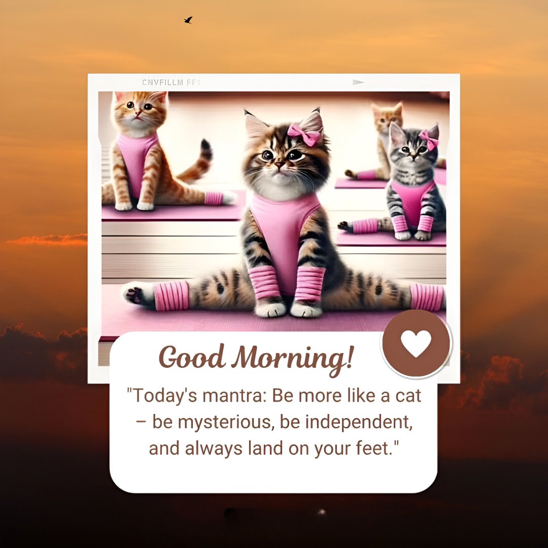 Good morning cat image featuring three cartoon-style kittens in pink workout attire, performing yoga poses on mats. The central kitten wears a pink bow and leg warmers. The background is a studio setting. The text reads, "Good Morning! Today's mantra: Be more like a cat – be mysterious, be independent, and always land on your feet."