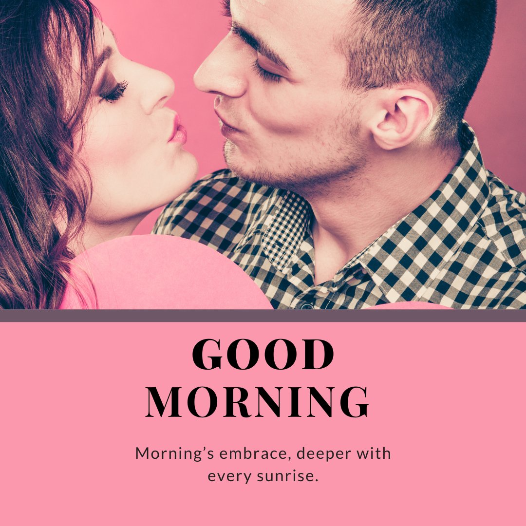 Intimate Good Morning Kiss Image featuring a close-up of a couple about to kiss, with the man in a checkered shirt and the woman holding a pink heart. The pink backdrop complements the romantic atmosphere, highlighted by the caption 'Good Morning - Morning’s embrace, deeper with every sunrise.'